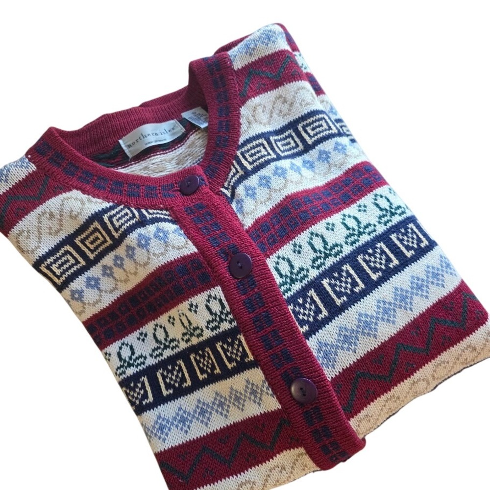 Northern Isles Women's‎ Fair Isle KnitL Cardigan Sweater Burgundy Cream Blue XL